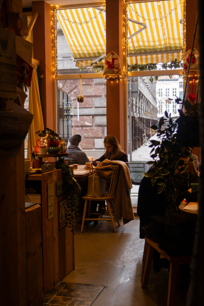 Een foto vanbinnen in de coffee shop Nelly op de foto is een vrouw te zien die alleen aan een tafel zit en op haar gsm aan het scrollen is, achter haar zijn 2 grote en hoge ramen, vanboven aan de ramen hangen kerst lichtjes.